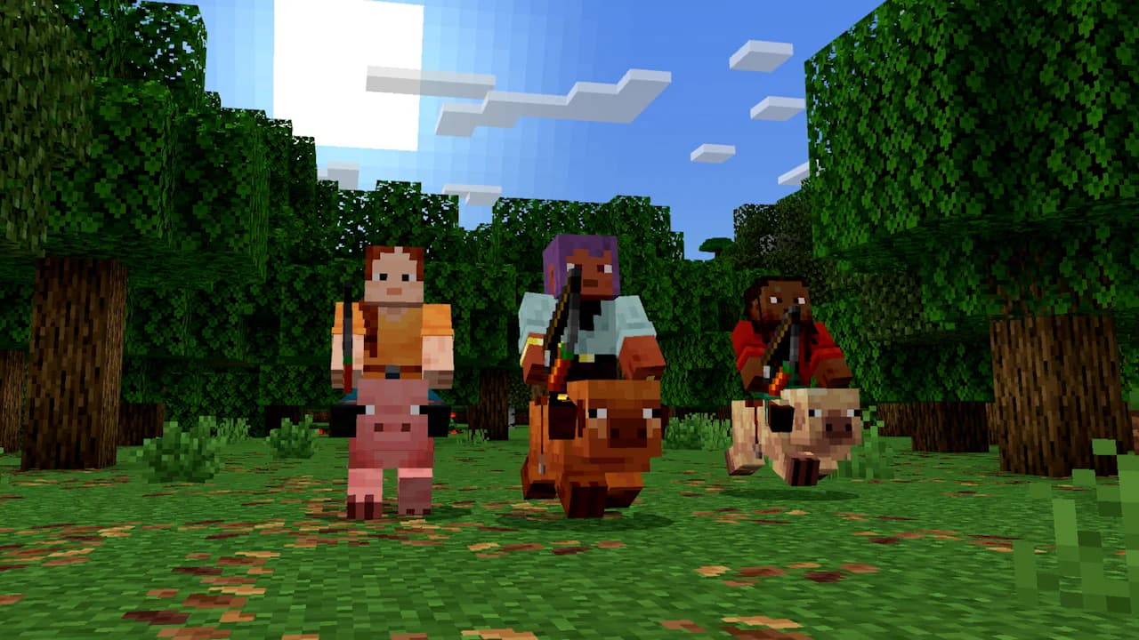 Three Minecraft players riding pigs together — a free server evening with friends